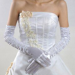 White Elastic Satin Opera Length Gloves with Ruched #DS03120046