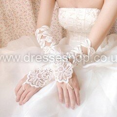 White Elastic Satin Elbow Length Gloves with Lace/Beading/Sequins #DS03120052