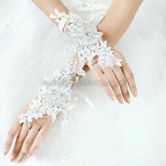 Ivory Lace Wrist Length Gloves with Lace/Rhinestone #DS03120068