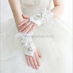 Ivory Lace Wrist Length Gloves with Lace/Rhinestone #DS03120069