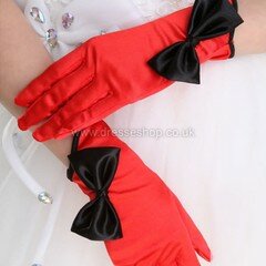 White Elastic Satin Wrist Length Gloves with Bow #DS03120071