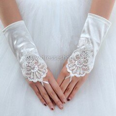 White Elastic Satin Wrist Length Gloves with Lace/Sequins #DS03120072