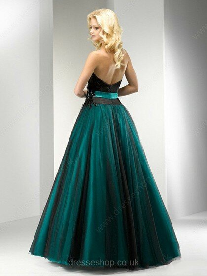 Ball Gown Dark Green Satin Tulle Feathers / Fur Good Strapless Prom Dresses #02060047