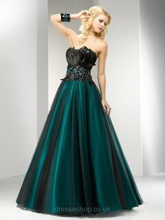 Ball Gown Dark Green Satin Tulle Feathers / Fur Good Strapless Prom Dresses #02060047