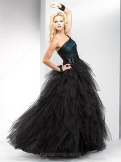 One Shoulder Black Lace-up Tulle Beading Floor-length Prom Dresses #02060055