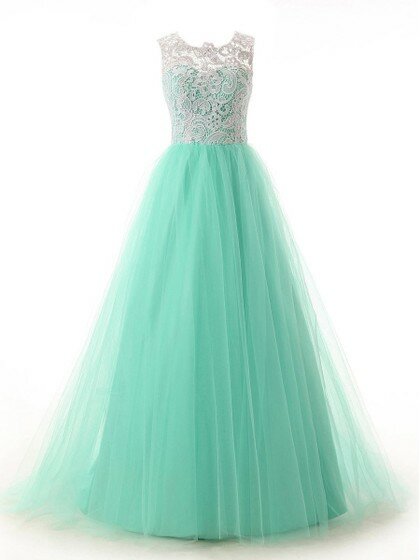 Scoop Neck Green Lace Tulle Ruffles Sweep Train Discounted Prom Dresses #DS020101174