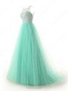 Scoop Neck Green Lace Tulle Ruffles Sweep Train Discounted Prom Dresses #DS020101174