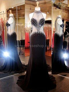 Sexy Sheath/Column High Neck Crystal Detailing Black Chiffon Tulle Prom Dresses #DS020101177