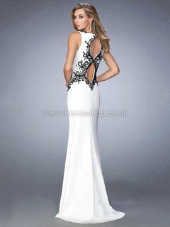 Different Trumpet/Mermaid White Satin Appliques Lace Sweep Train Prom Dress #DS020101178