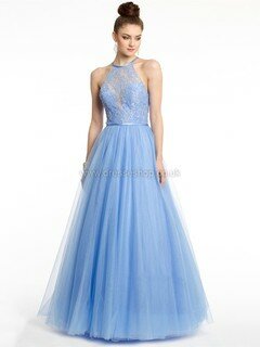 Princess Tulle Lace Sashes / Ribbons Open Back Scoop Neck Prom Dresses #DS020101191