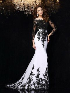 Scoop Neck White Chiffon Tulle Appliques Lace Court Train 3/4 Sleeve Prom Dress #DS020101206