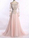 Long Sleeve Scoop Neck Chiffon Tulle Sweep Train Sashes / Ribbons Backless Prom Dresses #DS020101215