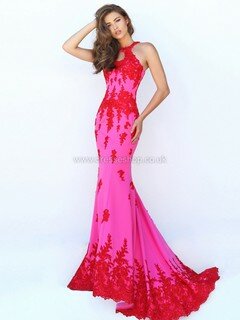 Trumpet/Mermaid Elastic Woven Satin Sweep Train Appliques Lace Backless Prom Dresses #DS020101217
