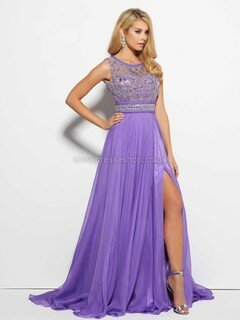 Scoop Neck Chiffon Crystal Detailing Open Back Sweep Train Prom Dress #DS020101227