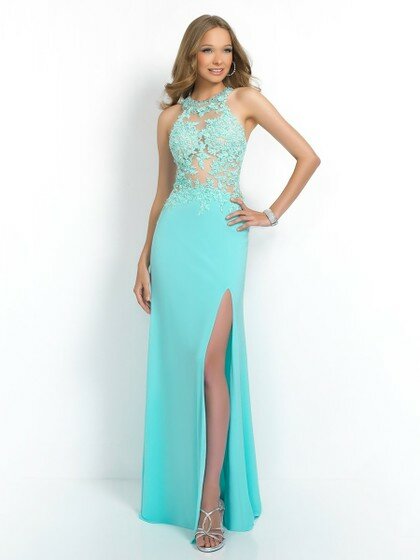 Sheath/Column Silk-like Satin Appliques Lace Backless Scoop Neck Prom Dress #DS020101228