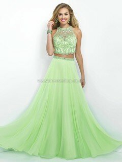 Scoop Neck Green Chiffon Floor-length Beading Two-pieces Prom Dress #DS020101232