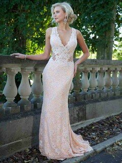 Trumpet/Mermaid Pink Lace Beading V-neck For Less Prom Dresses #DS020101240