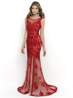 Backless Trumpet/Mermaid Red Tulle Appliques Lace Sweep Train Prom Dresses #DS020101244