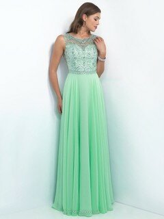 Green Scoop Neck Chiffon Tulle Beading Floor-length Famous Prom Dresses #DS020101261