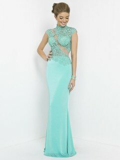 Sheath/Column Tulle Silk-like Satin Beading High Neck Cap Straps Prom Dress #DS020101271