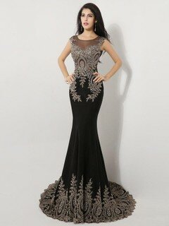 Gorgeous Trumpet/Mermaid Black Silk-like Satin Appliques Lace Court Train Prom Dresses #DS020101281
