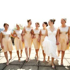 Champagne Chiffon Sequined Knee-length Sashes/Ribbons Scoop Neck Bridesmaid Dress #DS01012134