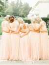 Elegant Sweep Train Pearl Pink Chiffon Lace Scoop Neck Bridesmaid Dresses #DS01012467