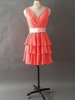 Different Watermelon V-neck Chiffon Tiered Short/Mini Bridesmaid Dresses #DS01012495