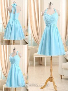 Popular Chiffon Ruffles Short/Mini Halter Light Sky Blue Bridesmaid Dresses #DS01012510