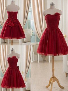 Cheap Burgundy Short/Mini Flower(s) Tulle Lace-up Strapless Bridesmaid Dresses #DS01012514
