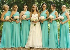 One Shoulder Blue Chiffon with Ruffles For Less Floor-length Bridesmaid Dress #DS01012568