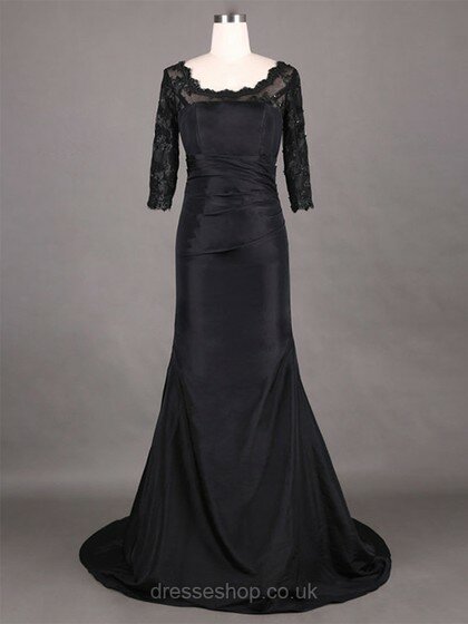 Vintage Sheath/Column Scoop Neck Black Taffeta Lace 1/2 Sleeve Mother of the Bride Dress #DS01021315