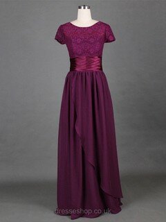 Scoop Neck Grape Lace Chiffon A-line Modest Short Sleeve Mother of the Bride Dress #DS01021316