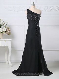 Split Front One Shoulder Black Chiffon Tulle with Appliques Sweep Train Mother of the Bride Dress #DS01021580