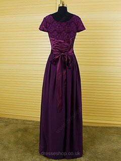 Purple Scoop Neck Lace Chiffon Sashes / Ribbons Floor-length Short Sleeve Mother of the Bride Dresses #DS01021594