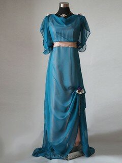 Sweep Train Short Sleeve Chiffon Elastic Woven Satin Sashes / Ribbons Cowl Neck Mother of the Bride Dresses #DS01021596