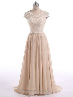 Champagne Sweep Train Lace Chiffon with Bow Back V-neck Short Sleeve Mother of the Bride Dresses #DS01021599