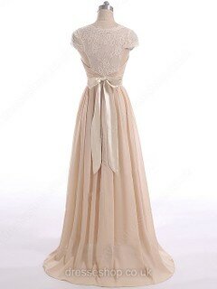 Champagne Sweep Train Lace Chiffon with Bow Back V-neck Short Sleeve Mother of the Bride Dresses #DS01021599