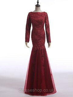 Long Sleeve Scoop Neck Burgundy Lace Tulle Trumpet/Mermaid Closed Back Mother of the Bride Dresses #DS01021603