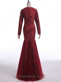 Long Sleeve Scoop Neck Burgundy Lace Tulle Trumpet/Mermaid Closed Back Mother of the Bride Dresses #DS01021603
