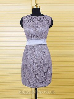Gray Scoop Neck Covered Button Lace with Sashes / Ribbons Sheath/Column Mother of the Bride Dresses #DS01021606
