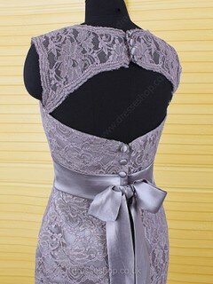 Gray Scoop Neck Covered Button Lace with Sashes / Ribbons Sheath/Column Mother of the Bride Dresses #DS01021606