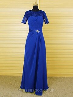 Scoop Neck Royal Blue Chiffon Lace Crystal Ruffles Floor-length Short Sleeve Mother of the Bride Dresses #DS01021610