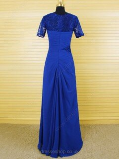 Scoop Neck Royal Blue Chiffon Lace Crystal Ruffles Floor-length Short Sleeve Mother of the Bride Dresses #DS01021610