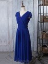 Royal Blue V-neck Chiffon with Ruffles Tea-length Short Sleeve Mother of the Bride Dresses #DS01021618