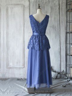 Ankle-length Scoop Neck Royal Blue Lace Chiffon Sashes / Ribbons Mother of the Bride Dress #DS01021623