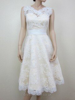 Sweet Tea-length Ivory Lace with Sashes/Ribbons Scoop Neck Wedding Dresses #DS00020464