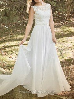 Scoop Neck Appliques Lace Court Train White Chiffon Wedding Dresses #DS00020486