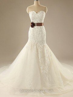 Top Ivory Tulle with Appliques Lace Trumpet/Mermaid Wedding Dresses #DS00020525