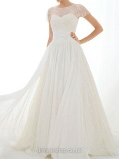 Beautiful Court Train Ivory Lace Chiffon Cap Straps Scoop Neck Wedding Dress #DS00020548